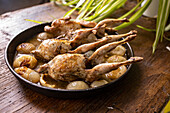 Quails with onions in white wine
