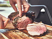 Sliced leg of lamb from the grill