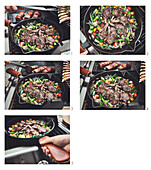 Lamb chops with vegetables being grilled in a cast iron pan on the barbecue