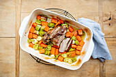 Oven-roasted turkey leg with a leek and carrot medley