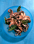 Greek octopus in red wine with laurel