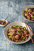 Vegetarian honey and soy balls with sesame salad