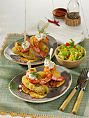Grilled king prawns with fried gherkins