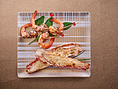 Grilled prawns with gomasio and king crab