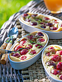 Cherry clafoutis on an outdoor table