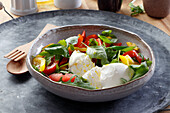 Salad of tomatoes, peppers and edible flowers with burrata