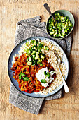 Lentil chilli with mushrooms served with rice