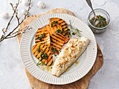 Baked pikeperch with grilled sweet potatoes