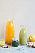 Celery juice, spirulina orange shot, apple ginger booster