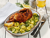 Roast chicken with potato and cucumber salad