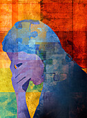 Jigsaw puzzle pattern over depressed woman, illustration