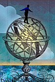 Businessman balancing on model globe, illustration