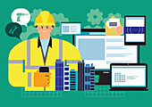 Builders communicating using technology, illustration
