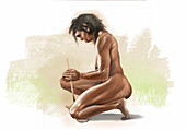 Homo erectus woman making a fire, illustration