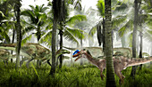 Proceratosaurus near a herd of camptosaurus, illustration