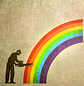 Man sawing through a rainbow, illustration