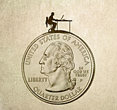 Man working at a desk on top of a coin, illustration