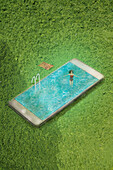 Woman floating in a smartphone swimming pool, illustration