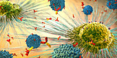 Lymphocytes cells attacking a cancer cell, illustration