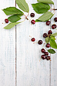 Fresh cherries with leaves on a wooden background