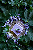 Natural lavender soap on a silver tray surrounded by flowers and leaves