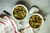 Traditional georgian summer lobio dish with french beans with eggs and herbs