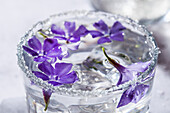 Water with ice and flowers in a glass with sugar rim
