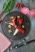 Braised radicchio with roast peppers and walnuts