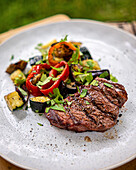 Grilled steak with grilled vegetables on a plate