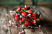 Fresh strawberries in a wire basket