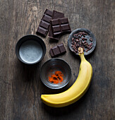 Ingredients for vegan banana with chocolate sauce