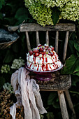 Pavlova with strawberries on rustic wooden chair
