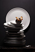 Stack of plates with butterfly against a black background
