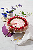 Strawberry zebra cake with curd cheese cream