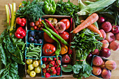 Overhead view of assorted vegetables and fruit from farmers market