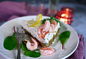 New Year's Eve menu - Hearty cream cheese tart with shrimp as a starter