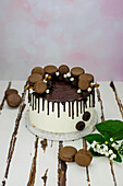 Stracciatella cake decorated with chocolate macarons