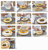 Prepare Easter choux pastry wreath with mandarin oranges and cream filling