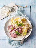 German boiled veal fillet with ribbon noodles and horseradish sauce