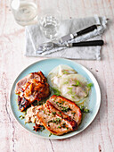 Two types of pork with kohlrabi ravioli on fennel cream