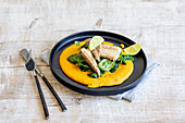 Carrot-lentil puree with spinach and mackerel