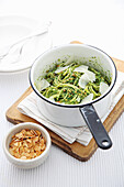 Linguine with watercress and almond pesto