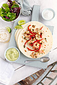 Shrimp fajitas with guacamole