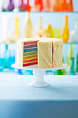 Rainbow Cake, cut on a cake stand