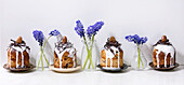Homemade traditionla small Easter kulich cakes with chocolate nests and eggs on plates in row decorated with muscari flowers over white marble table. Traditional ortodox Easter Russian Ukrainian bake