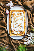 Oval plate with tasty meringue cake placed on brown fabric near flowers