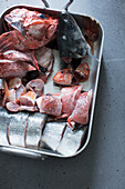 Raw fish parts in a metal bucket