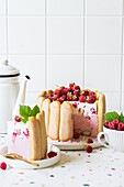 Raspberry charlotte cake with Savoiardi Lady s Fingers cookies, pink sour cream and white mascarpone layers