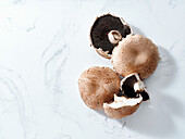 Top view with portobello mushrooms on marble tabletop