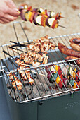 Meat and vegetable skewers on a barbecue grill